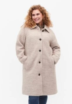 Zizzi Plaid Bouclé With Buttons - Mantel - Simply Taupe