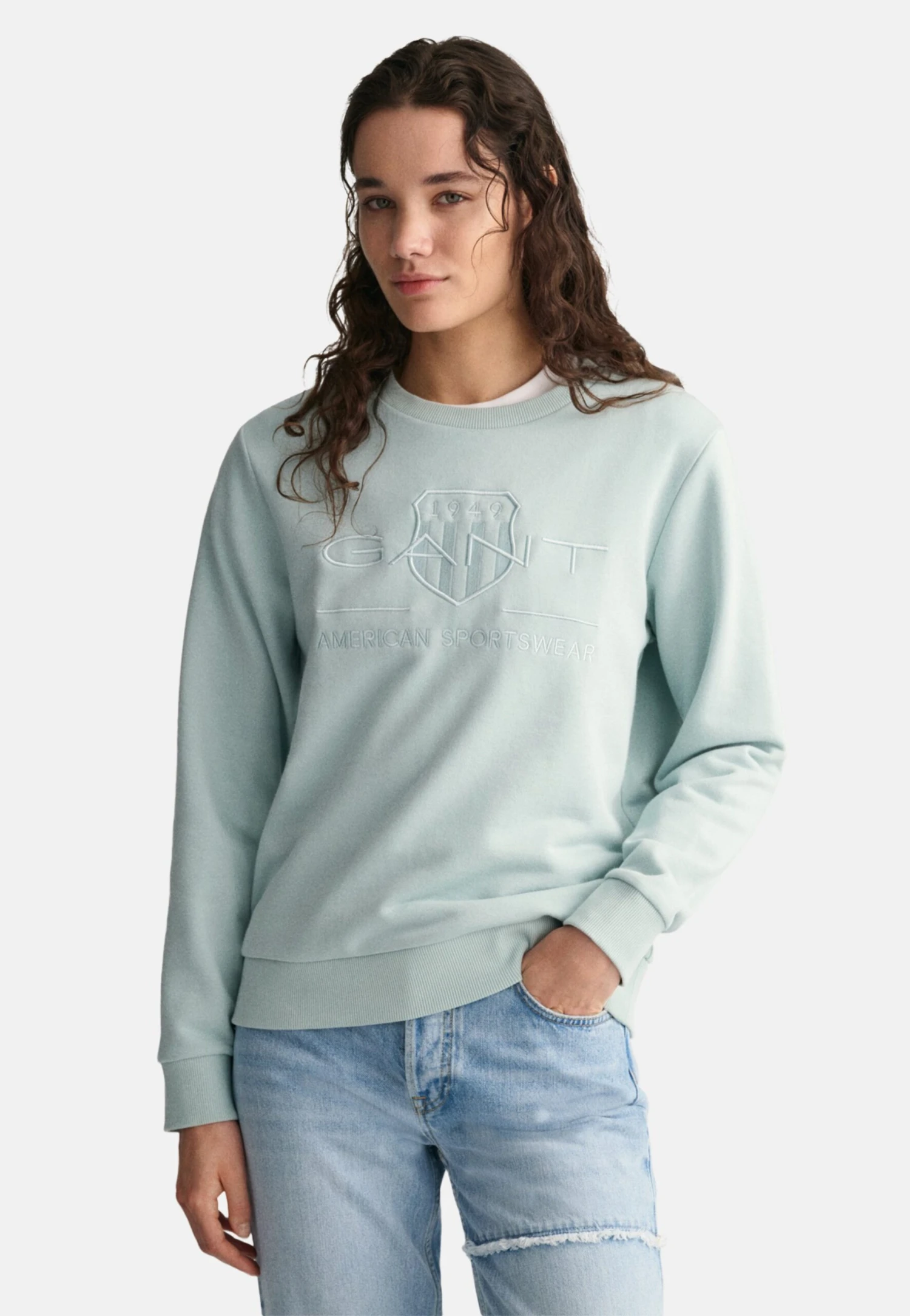 Gant Tonal Archive Shield - Sweater - Dusty Turquoise 1 Gant Tonal Archive Shield - Sweater - Dusty Turquoise